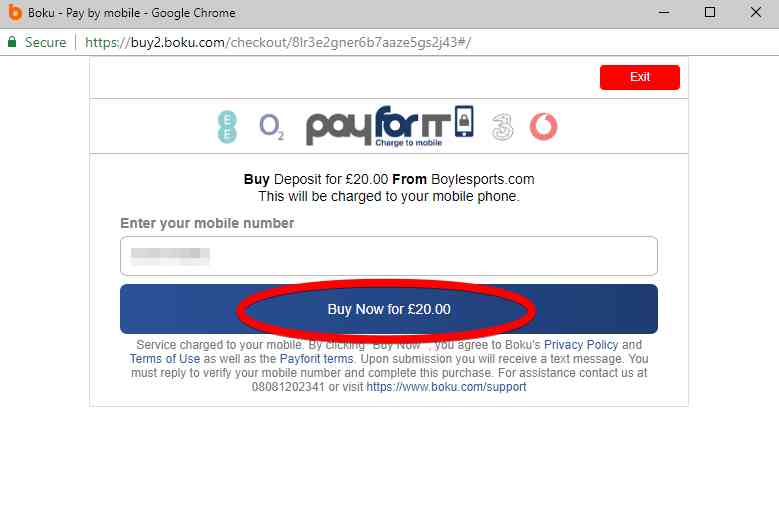 Boku screenshot displaying deposit confirmation page